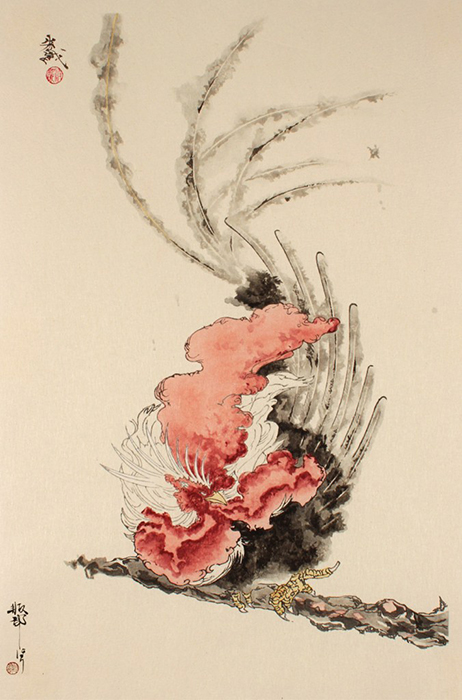 服部 しほり 「鶏図」(版画)29×18.3cm(ed:115)