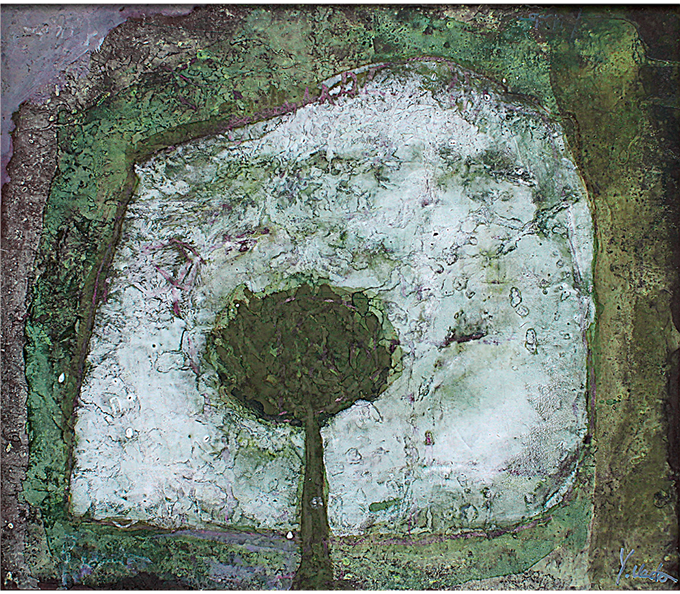 「半月の晩」　45.5×53cm　和紙、水干、アクリル等